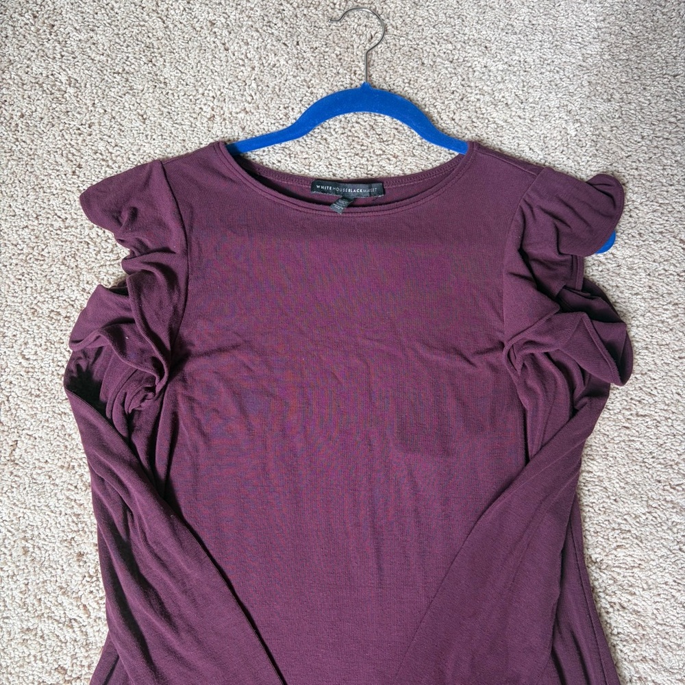 White House Black Market Long-Sleeve Ruffle Cold Shoulder Dress Cabernet Sz SP - Picture 13 of 13